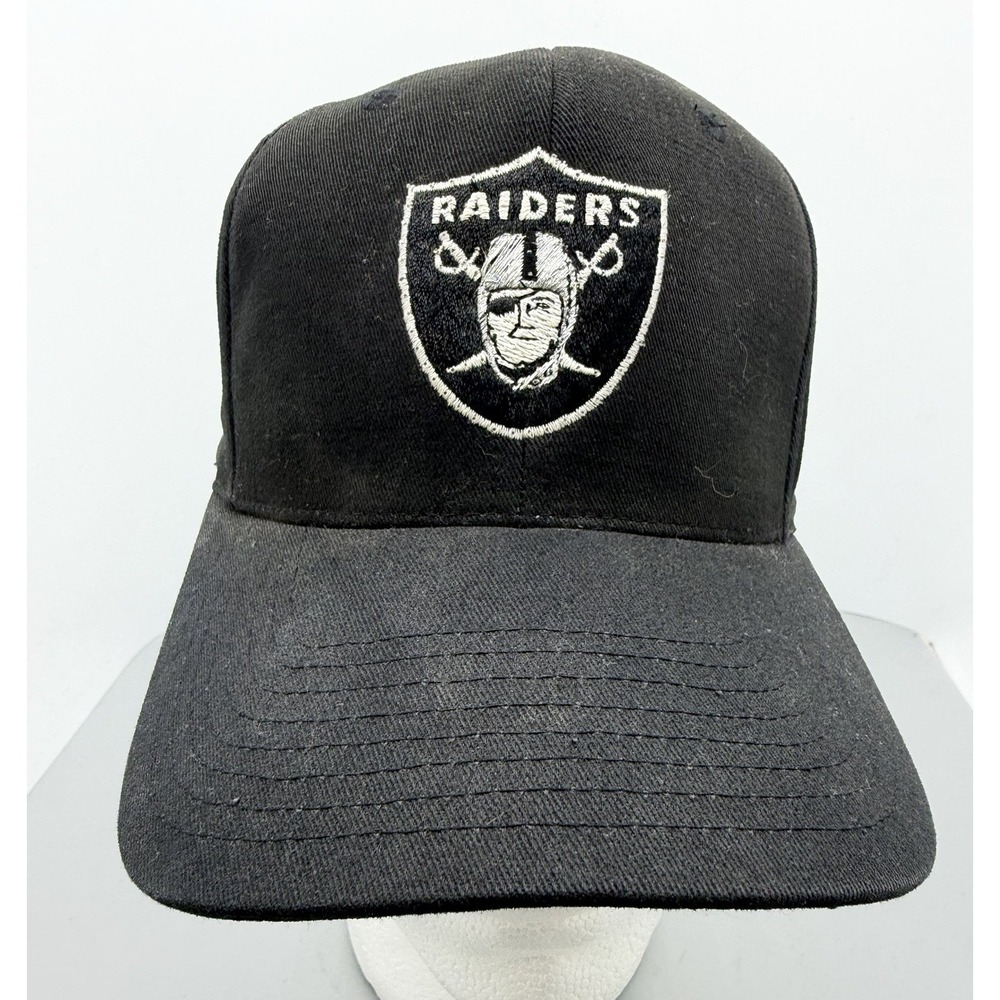Vintage 90s Oakland Raiders Logo 7 Black Adjustable Strap Back Hat